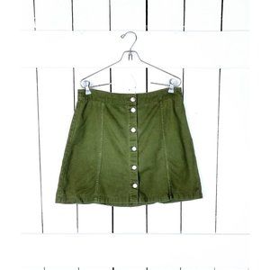 90s vintage army green button down cotton skirt - waist 30"